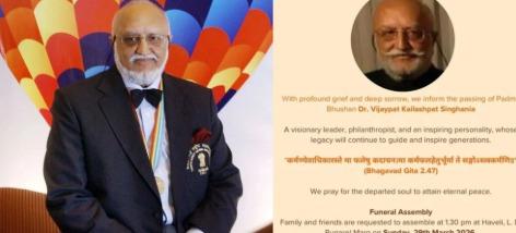 <p><strong>રેમન્ડ ગ્રુપના પૂર્વ ચેરમેન પદ્મભૂષણ વિજયપત સિંઘાનિયાનું નિધન:<span style="color: rgb(224, 62, 45);" data-mce-style="color: rgb(224, 62, 45);"> ઉદ્યોગ જગતમાં શોકનું મોજું</span></strong></p>